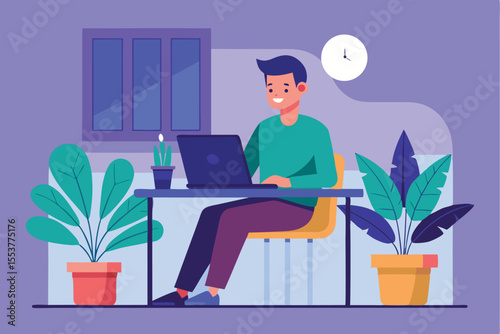 Man works at a table with a laptop and plants in a cozy indoor setting during daytime hours
