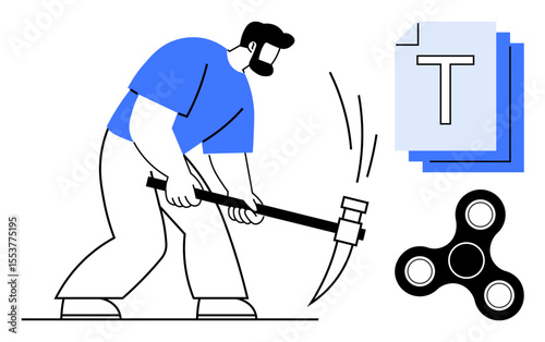 Man using pickaxe in active motion, text file stack, and fidget spinner. Ideal for productivity, creativity, resource gathering, hard work, fun balance, multitasking simple landing page