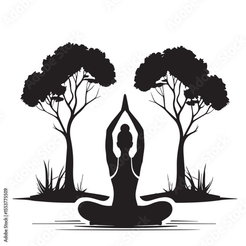 Silhouette of woman in yoga pose under trees isolated on white