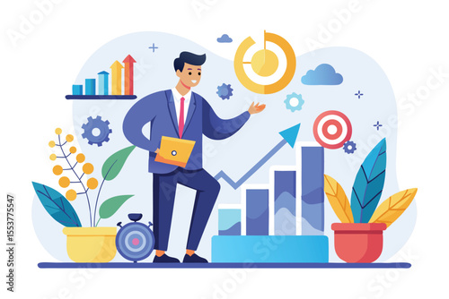 Businessman analyzes growth strategy and opportunities in a modern workspace with charts and graphs in the background