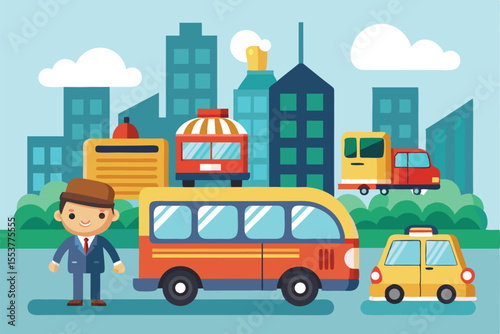 Cartoon illustration of an office worker in a city environment with bus, taxi, and buildings showcasing urban transportation options