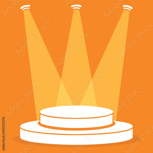 A minimalist illustration of a three tiered white podium illuminated by three bright yellow spotlights against a vibrant orange background symbolizing achievement and recognition