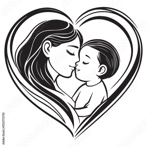 Mother and baby embrace within a heart shape isolated on white background