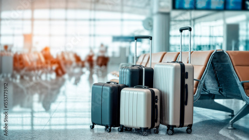 Stylish Plastic Luggage Suitcases Standing Near Panoramic Window At Airport. High quality photo