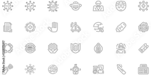 Set of black line icon relared to corona virus with outline pattern abstract background, virus effect make icon of line and symbol modern tecnology seamless pattern of geometric shape icon set design.
