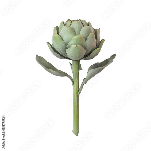 A single fresh green artichoke with its stem and leaves displayed prominently isolated on transparent background