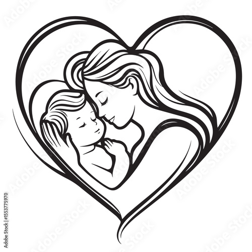 Mother lovingly cradles baby within a heart shape isolated on white background