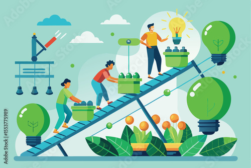 Employees coordinating the efficient arrangement of products on a conveyor system during a collaborative workplace setting