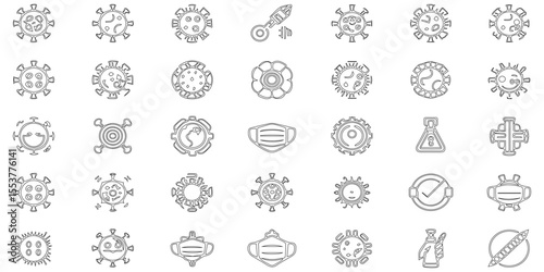 Set of black line icon relared to corona virus with outline pattern abstract background, virus effect make icon of line and symbol modern tecnology seamless pattern of geometric shape icon set design.