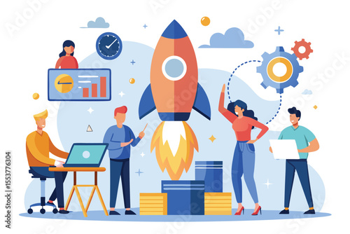 Entrepreneurship teamwork with startup individuals preparing for launch using technology and creativity in a bright workspace