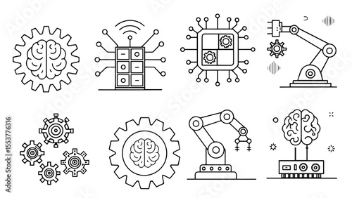  AI & Robotics Intelligence Icons - Brain, Gear, Microchip, Robotic Arm, Automation, Artificial Intelligence Vector