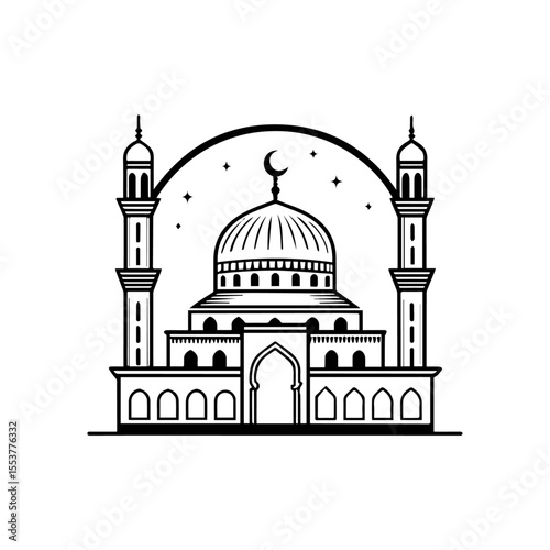 Islamic Mosque Icon with Dome and Minaret in Simple Line Art – Suitable for Ramadan, Eid Mubarak, Religious Applications, Website Design, and Cultural Projects – Editable Vector Format