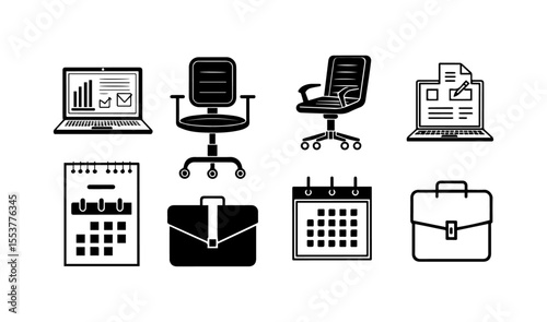 Office & Business Essentials Icons - Laptop, Office Chair, Calendar, Briefcase Vector Set

