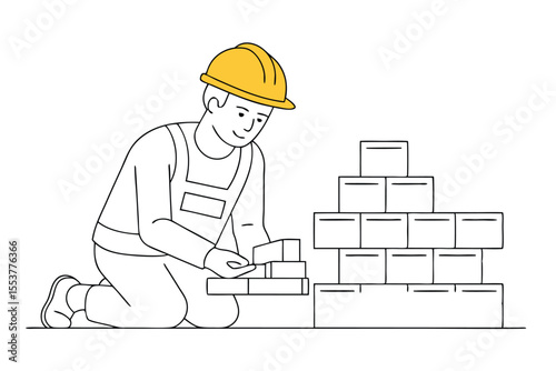 Continuous one line drawing of a construction worker building a structure with bricks in a construction site setting
