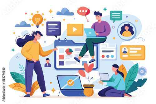 Creative collaboration through user generated content illustration showcasing digital communication in a vibrant workspace environment
