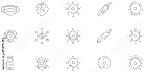 Set of black line icon relared to corona virus with outline pattern abstract background, virus effect make icon of line and symbol modern tecnology seamless pattern of geometric shape icon set design.