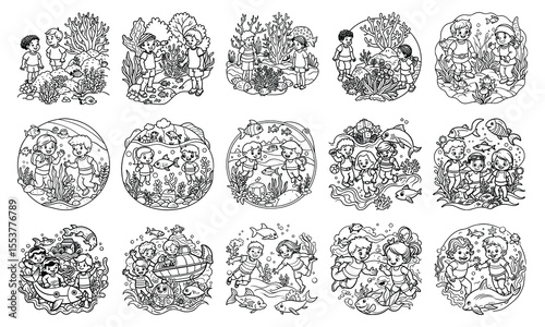 Detailed Underwater Coloring Page for Kids, Perfect for Relaxation and Stress Relief, Ideal for Kid Coloring Books or Printable Art Therapy Activities, High-Quality Line Art Illustration.