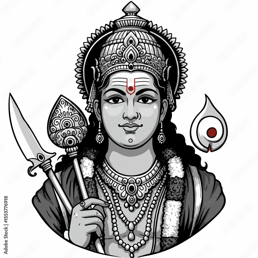 Detailed illustration of Hindu deity Murugan, son of Shiva and Parvati, holding vel and sakti. This detailed portrait shows Murugan's serene expression and ornate attire.