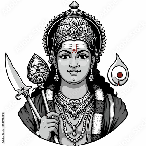 Detailed illustration of Hindu deity Murugan, son of Shiva and Parvati, holding vel and sakti. This detailed portrait shows Murugan's serene expression and ornate attire.
