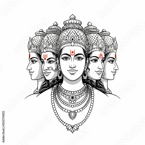 Detailed illustration of Brahma, the Hindu creator god, depicted with four faces.  Brahma's multiple faces symbolize his omniscience and cosmic vision.