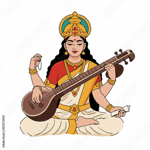 Saraswati Hindu goddess playing veena.  Elegant illustration of Saraswati deity seated in lotus position.  Divine Saraswati image with musical instrument.