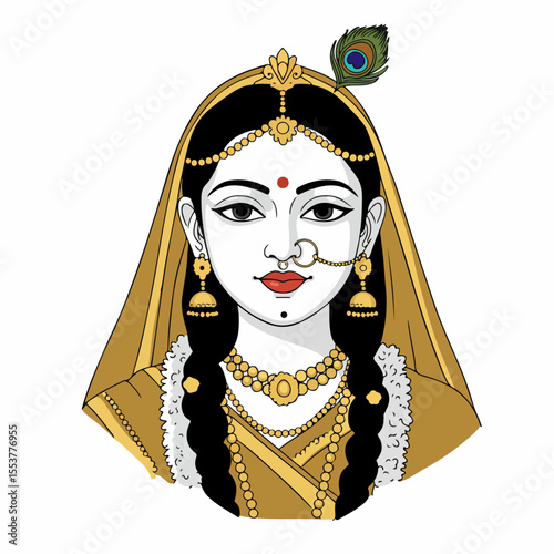 Elegant depiction of Hindu goddess Radha.  Illustrative portrait shows Radha adorned with gold jewelry, a veil, and a peacock feather.  This detailed image of Radha is perfect for religious art,