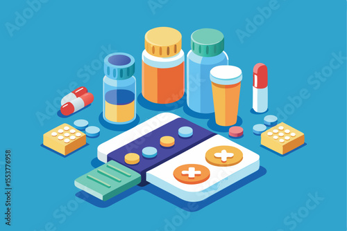 Isometric representation of various medical pill containers and tablets scattered on a blue background
