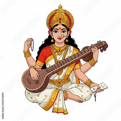 Saraswati goddess illustration playing veena. Hindu goddess Saraswati seated in lotus position, holding veena and scriptures.