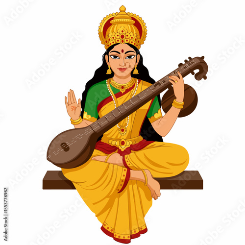 Saraswati goddess playing veena. Hindu goddess depicted sitting in meditative pose.  Divine Saraswati holds traditional veena.  This illustration is perfect for religious art, Hindu festivals,