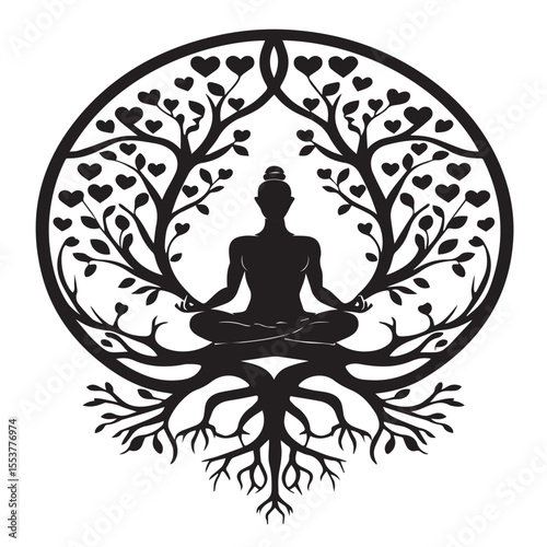 Silhouette of woman meditating in tree of life circle isolated on white