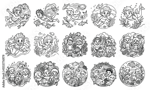 Underwater Coloring Page for Kids, Detailed Line Art Design Perfect for Relaxation and Stress Relief, Ideal for Kid Coloring Books or Printable Art Therapy Activities, High-Quality Illustration.