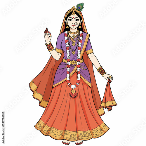 Hindu goddess Radha in traditional orange and purple attire.  Radha is depicted with intricate jewelry and a gentle expression. This illustration of Radha is perfect for religious artwork,
