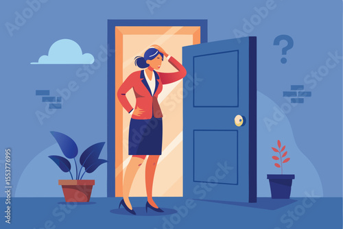Business woman stands thoughtfully at an open door in a bright office setting during the afternoon as she contemplates her next move