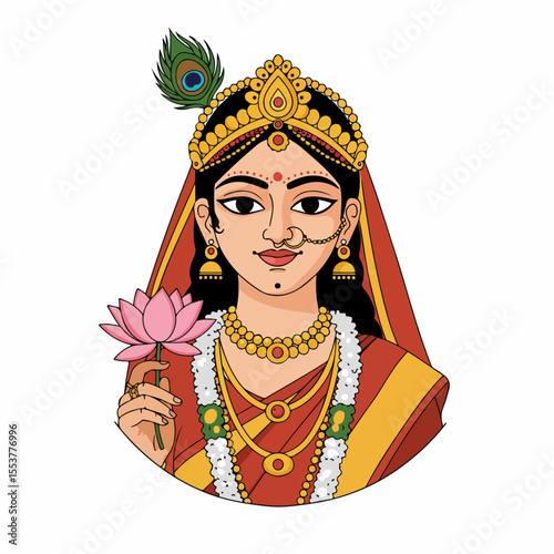 Hindu goddess illustration with pink lotus flower and peacock feather.  Illustrative portrait of a Hindu deity in traditional attire, adorned with gold jewelry and a floral offering.