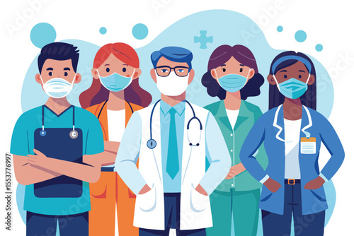 Illustration of a diverse group of healthcare professionals in masks ready to provide medical assistance in a modern clinic setting