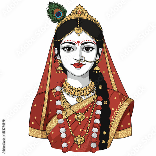 Elegant depiction of Hindu goddess Radha in traditional attire.  Radha's portrait features a red sari, gold jewelry, and a peacock feather.