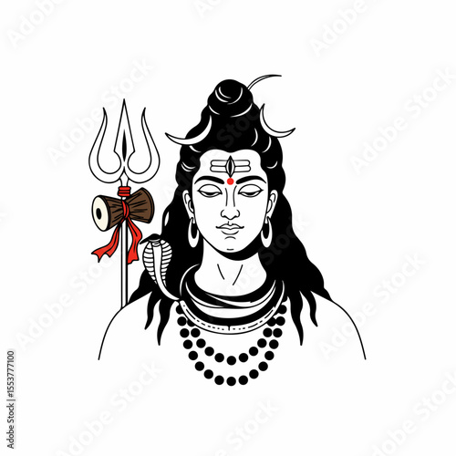 Hindu god Shiva illustration, peaceful deity with trident and damaru. Detailed image of Shiva, supreme god in Hinduism, features long hair, third eye, and sacred symbols.