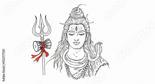 Pen and ink drawing of Hindu god Shiva.  Detailed illustration shows Shiva with his trident and damaru. Serene image of Shiva ideal for spiritual art prints, religious posters or yoga studio decor.