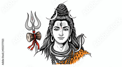 Detailed illustration of Hindu god Shiva.  Image shows Shiva with his trident and snake.  Serene face of Shiva is perfect for religious art, spiritual posters, and Hindu deity themed designs.