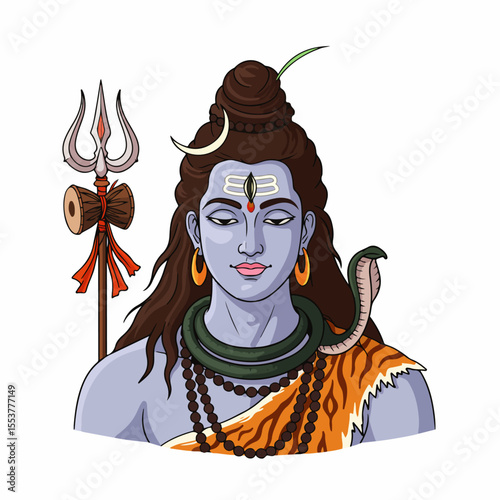 Hindu god Shiva with trishul and damaru. Peaceful depiction of Shiva, Hindu deity, adorned with snake and beads. This image of Shiva is perfect for religious illustrations, spiritual publications,