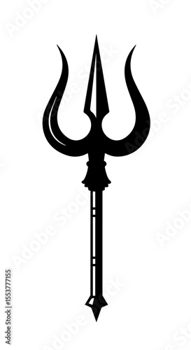 Trishul, Hindu god Shiva's trident, black silhouette on white background.  Sacred trishul symbol represents power and destruction, spiritual weapon of lord Shiva.