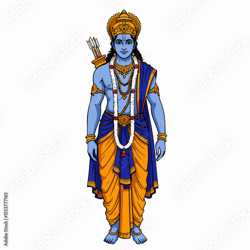 Lord Rama image, Hindu deity in blue and gold attire, carrying bow and arrow. Detailed illustration of Rama, a prominent figure in Hindu mythology, showcasing his traditional clothing and accessories.