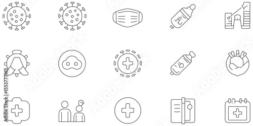 Set of black line icon relared to corona virus with outline pattern abstract background, virus effect make icon of line and symbol modern tecnology seamless pattern of geometric shape icon set design.