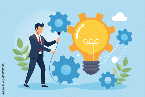 Businessman initiating a project by connecting ideas and gears, representing innovation and teamwork in a modern setting