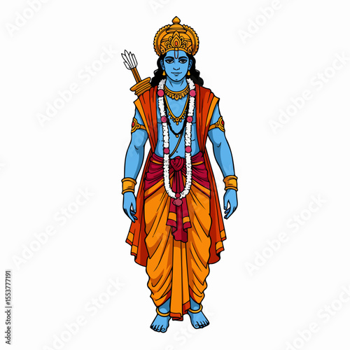 Hindu god Vishnu, depicted in traditional attire, with a crown and a conch shell.  Detailed illustration of Vishnu, a major deity in Hinduism, showing his blue skin and ornate clothing.