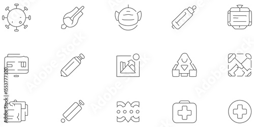 Set of black line icon relared to corona virus with outline pattern abstract background, virus effect make icon of line and symbol modern tecnology seamless pattern of geometric shape icon set design.