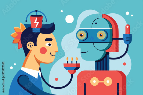 Man interacts with robot head while connecting power plug in a playful demonstration of technology and innovation in a vibrant, colorful setting