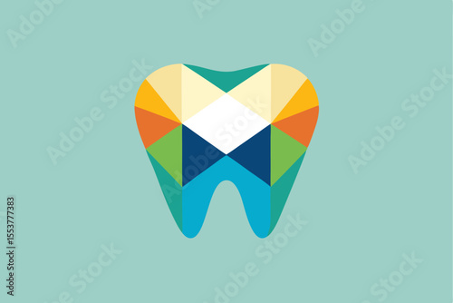 Geometric flat tooth icon featuring vibrant enamel colors representing dental health and hygiene