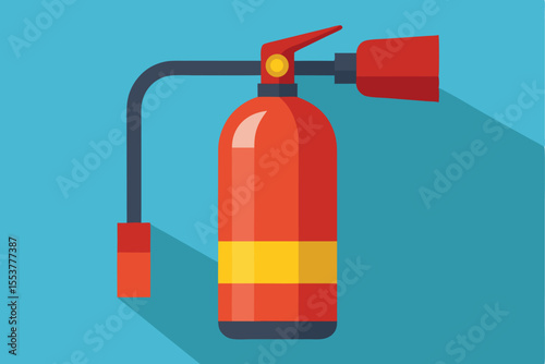 Flat geometric depiction of a red fire extinguisher with a simple nozzle against a blue background, illustrating fire safety equipment in a modern design style
