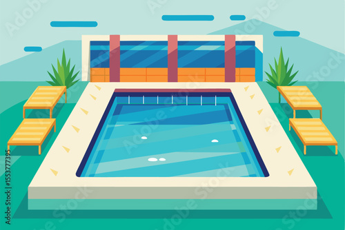 Geometric design of a swimming pool with lounge chairs in a modern outdoor recreation area during a sunny day